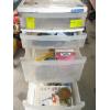 Image 1 : PLASTIC STORAGE BIN W/CONTENTS & SM. WOODEN 3 LEG STOOL