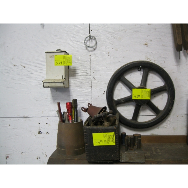 MISC. BRASS VALVES, WOODEN HANDLE MOLD, VINTAGE MATCH HOLDER, ETC.