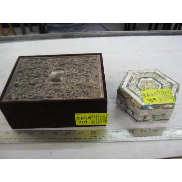 TIN & WOOD BOX & DECORATIVE INLAID HEXAGON BOX