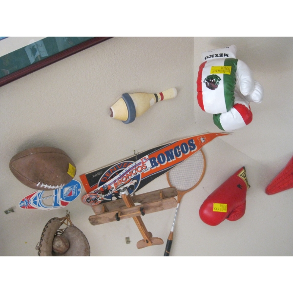 COLLECTABLE SPORTS EQUIPMENT - BOXING GLOVES, FOOTBALL, ETC.
