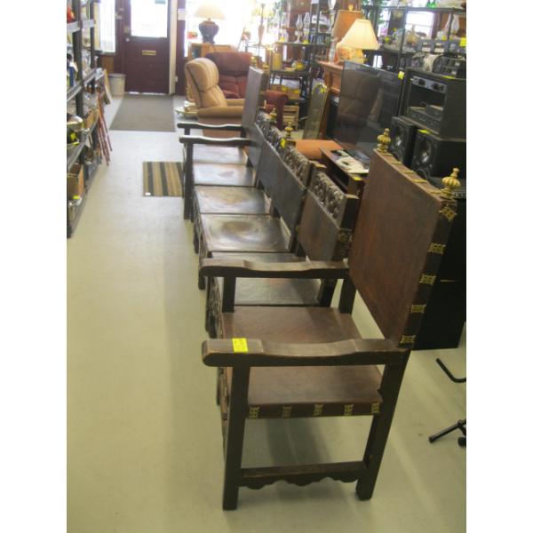 SPANISH REPRODUCTION LEATHER W/WOOD CARVED CHAIRS