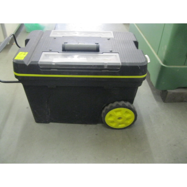 STANLEY ROLLING TOOLBOX W/LG. LOT OF PAINTING ACCESSORIES, JIGSAW, ETC.