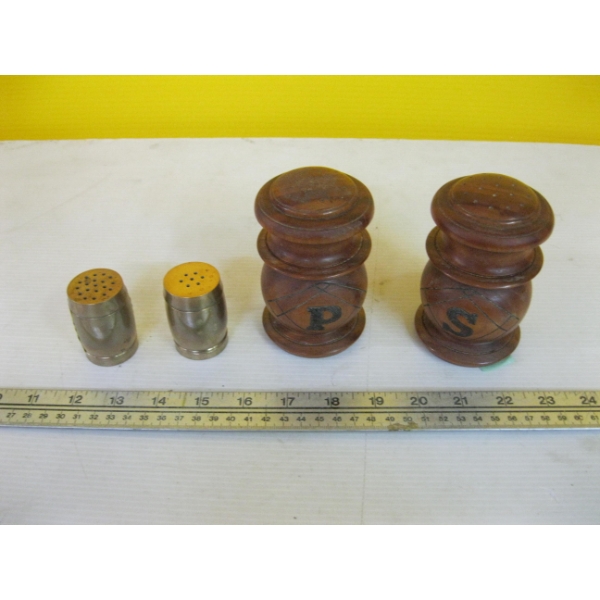 2 PAIR OF SALT & PEPPER SHAKERS - WOODEN & BRASS