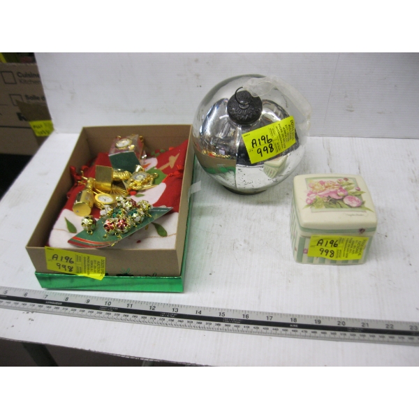 CHRISTMAS DECORATIONS & SM. GOLD CLOCKS