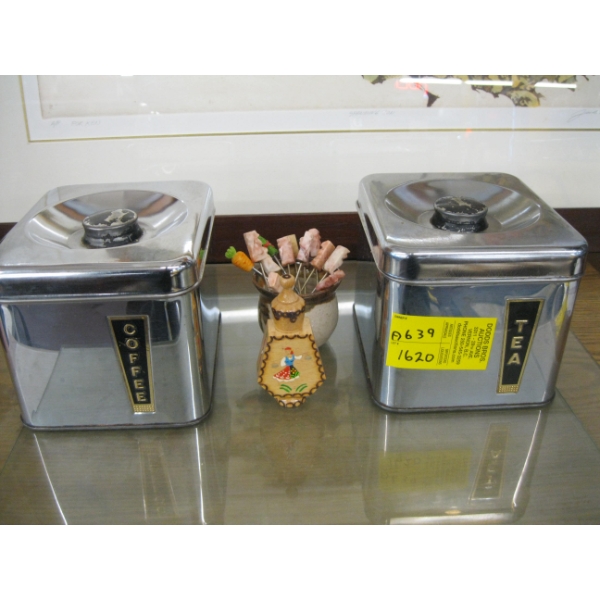 2 CHROME CANNISTERS & HORS D'OEUVRE STICKS