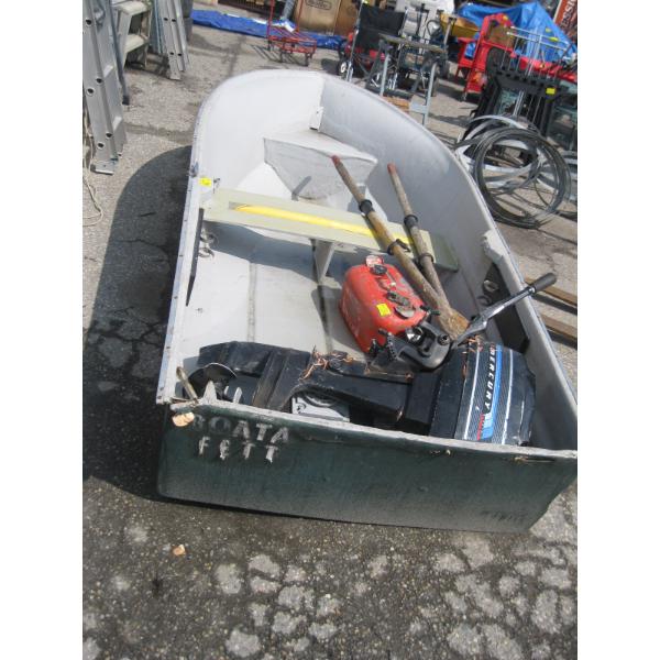 10' FIBERGLASS BOAT W/OARS, GAS TANK & MERCURY BOAT MOTOR W/BATTERY & ANCHOR