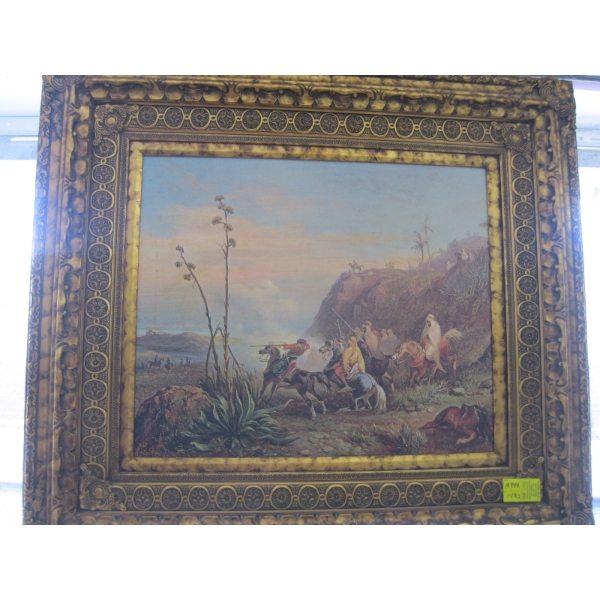 LG. ORNATE FRAMED PICTURE OF FIGHTING MEN ON HORSES