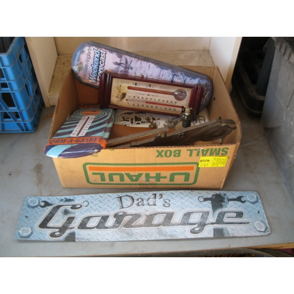 BOX W/MISC. SIGNS, LICENCE PLATE, THERMOMETERS, ETC.