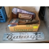 Image 1 : BOX W/MISC. SIGNS, LICENCE PLATE, THERMOMETERS, ETC.