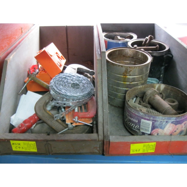 2 BINS OF MISC. CLAMPS, ROUTER BITS, BOLTS, ETC.