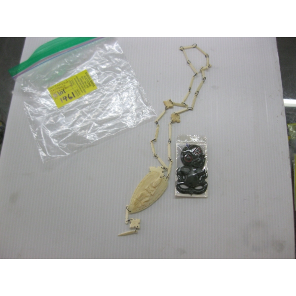 CARVED NECKLACE & A GREEN CHARM