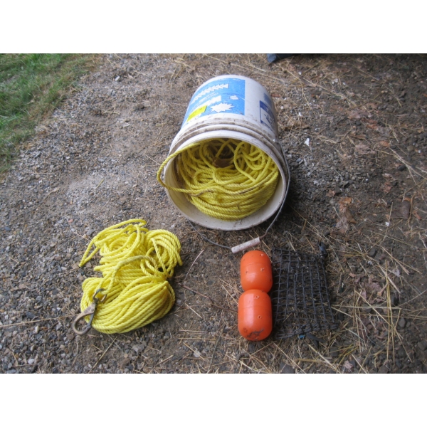 5 GALLON BUCKET W/ASST. ROPE, ETC.