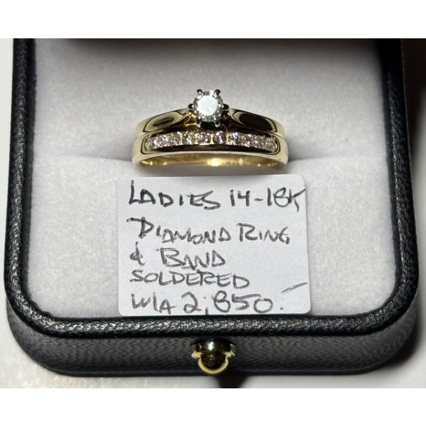 LADIES 14KT DIAMOND RING & BAND, SOLDERED, W/A $2,850, SZ 8