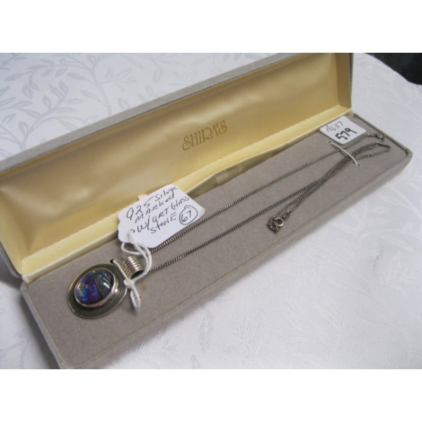 .925 MARKED SILVER NECKLACE W/ART GLASS STONE