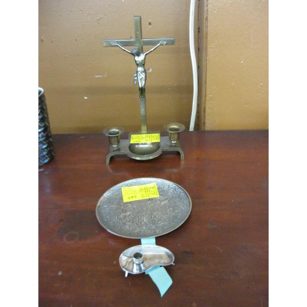 DENMARK CANDLESTICK, PERSIAN PLATE & A GERMAN CANDLE HOLDER W/CROSS