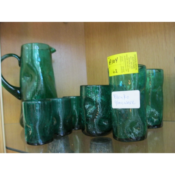 GREEN BLENKO GLASSES & WATER PITCHER