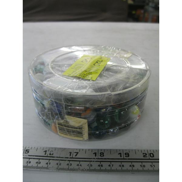 CONTAINER OF MARBLES & POLISHED ROCKS