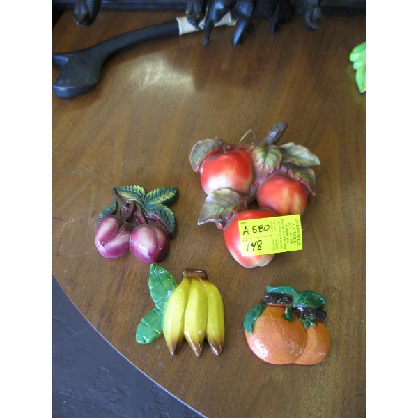4 VINTAGE FRUIT CHALKWARE WALL HANGINGS