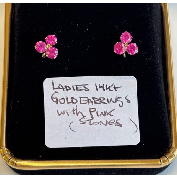 LADIES 14KT GOLD EARRINGS W/PINK STONES