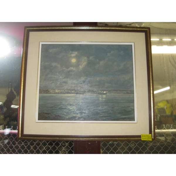 ORIGINAL OIL PAINTING BY BATES - OCEAN SCENE W/FREIGHTERS