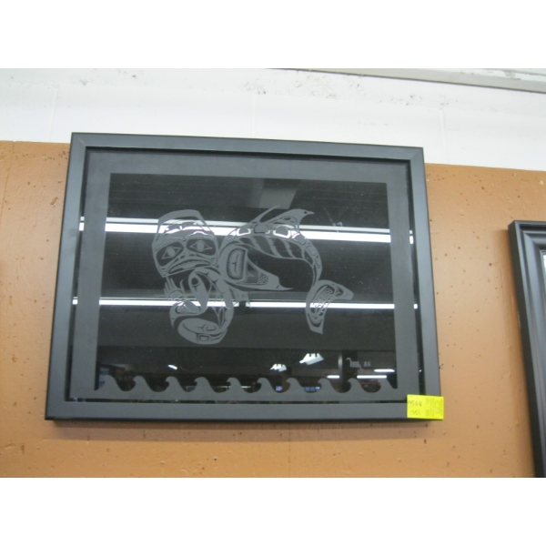 DECORATIVE ETCHED FRAMED GLASS, WEST COAST INDIGENOUS ART - SIGNED