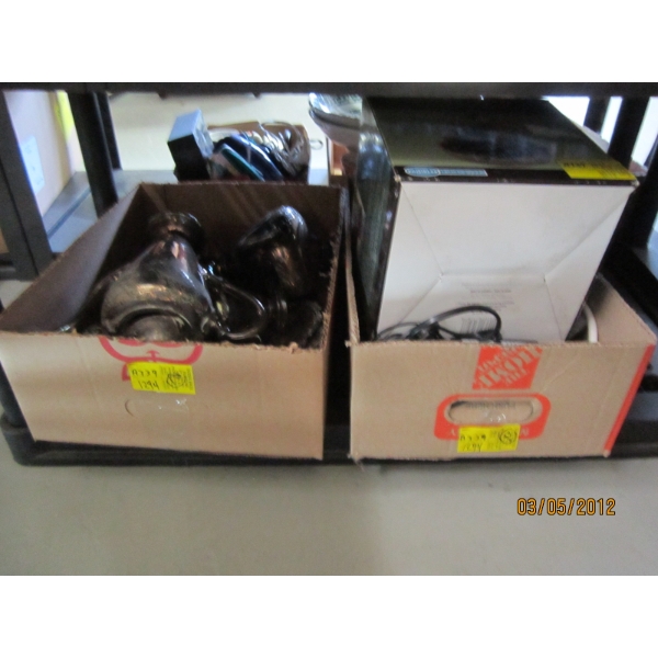 2 BOXES OF MISC. SILVERPLATE, POWER BARS, BATTERY CHARGER, ETC.