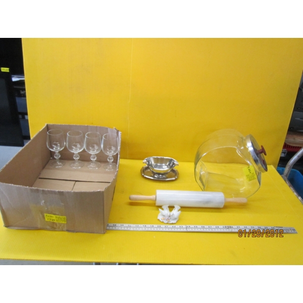GLASSWARE, MARBLE ROLLING PIN & LIDDED CANDY DISH