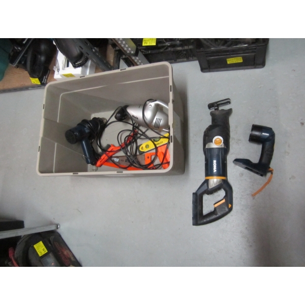 PLASTIC BIN W/MISC. SAWZALL, HEAT GUN, CORDLESS TOOLS BUT NO BATTERY, SHARK VAC, ETC.