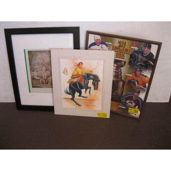 FRAMED HOCKEY PICTURE, COWBOY PICTURE & A GREEK PICTURE