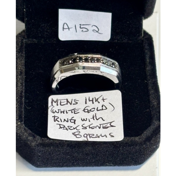 MEN'S 14KT WHITE GOLD RING W/DARK STONES, 8 G, SZ 11