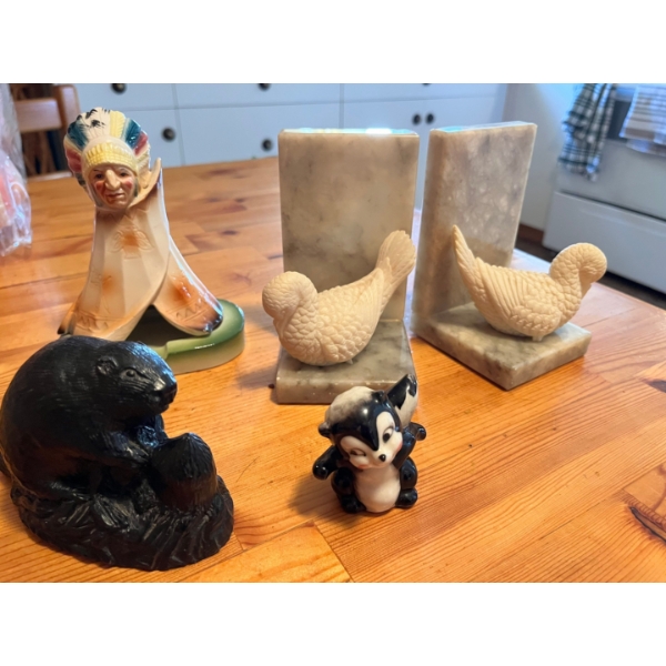 Vintage Alabaster marble Dove Bookends, ceramic teepee ashtray, a wolf original hand made sculpture 