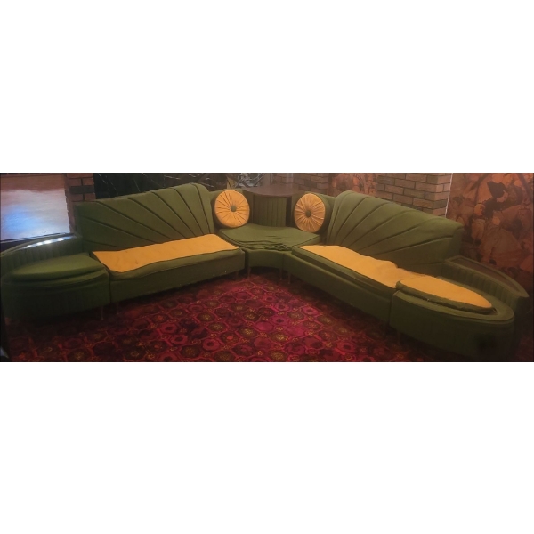 Vintage Fabric Couch w/ Pillows (5 Pc, Moves Into Small Tables on Ends) - 115x115W, 31D, 33T)   