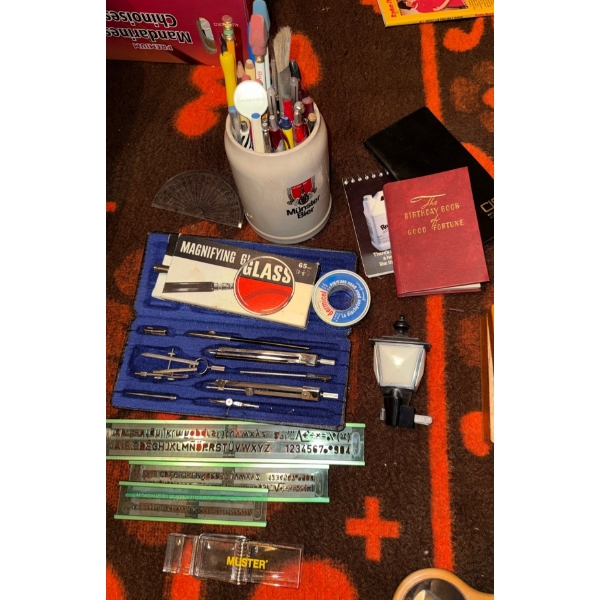 Geometry Set, Rulers, Night Light, Cup Of Vintage Pens & Paint Brushes+++