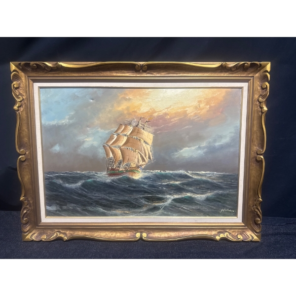 Framed Oil Painting of a Ship at Sea Signed by Artist