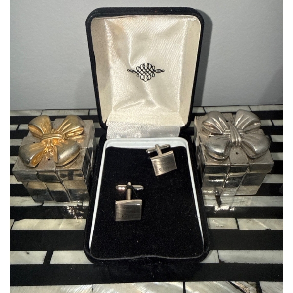Engraved Cuff Links w/ Silver Plated Salt & Pepper Shakers 