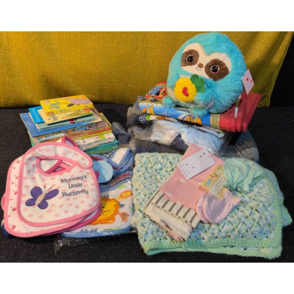 Baby Lot with Books, Blankets, Bibs, and Plush Toy