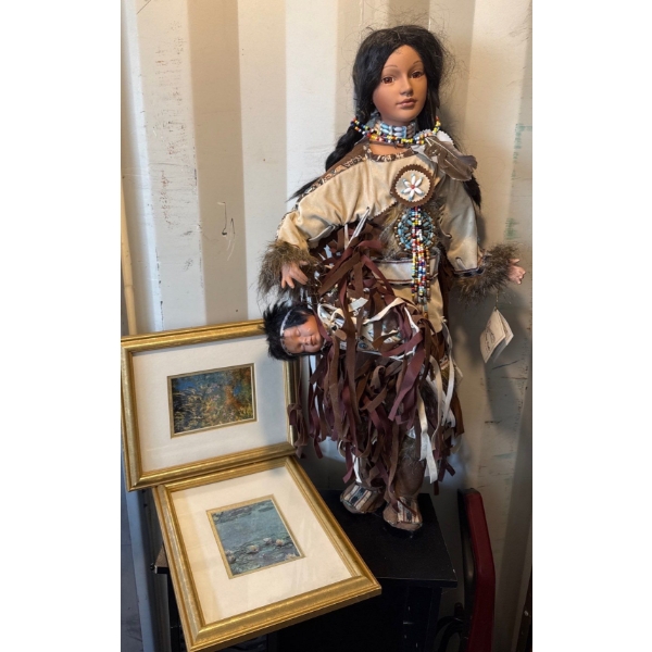 Exquisite Indigenous Beaded Doll w/ Baby, Duck House Collectable (27in Tall) w/ Pair of Prints 