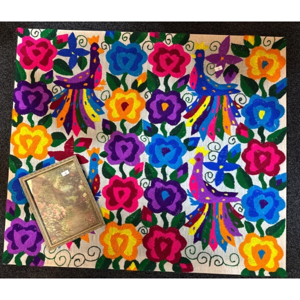 Floral Design Embroidered Picture on Canvas w/ Small Framed Outdoor Print (31"w x 27"tall