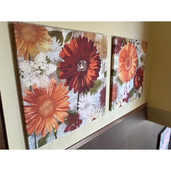 Modern Flower Art Paintings x2 With Large Silk Plant In Pot And Hanging Plant Planter 