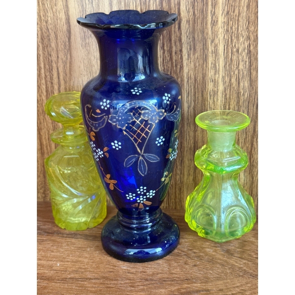 2 Uranium Glass Alchemy Bottles w/ Hand Painted Cobalt Blue Blown Vase 8T