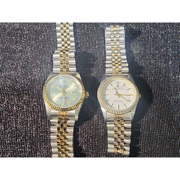 2 Rolex Silver and Gold Toned Men's Watches - Unverified . One Band Needing Repair 