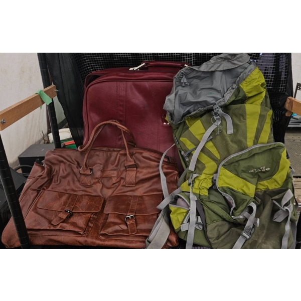 Three Bags: Red Suitcase, Brown Duffel Bag, and Green/Gray Hiking Backpack