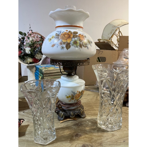 Hurricane glass lamp with floral design, brass bottom and brass middle with three crystal vases.