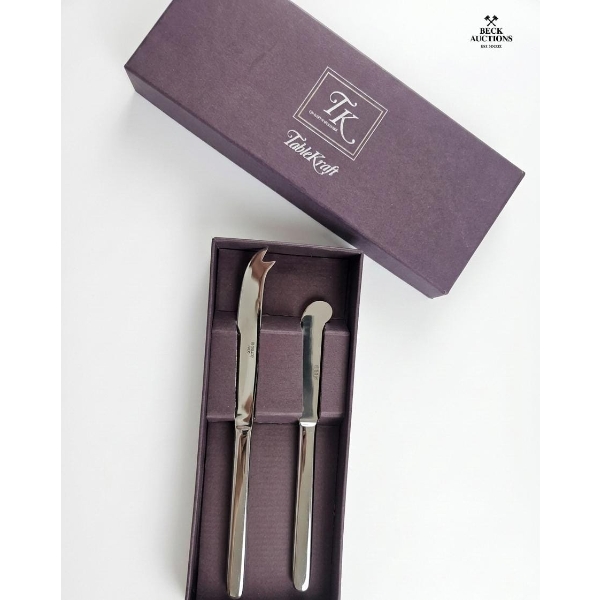 TableKraft Stainless Steel Cheese Set Featuring A Fork-Tipped Knife And A Spreader. 