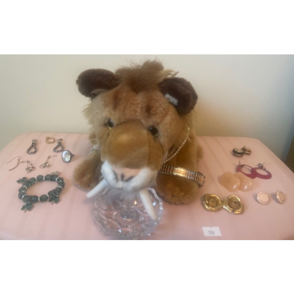 Vintage Costume Jewelry w/ Crystal Ring Holder & Blinged Out Lion Stuffie