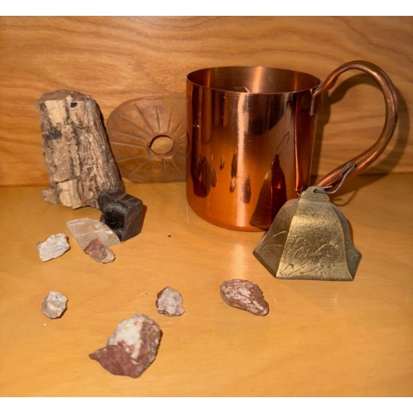 Vintage Italian Copper Craft Mug w/ Cow Bell & Assorted Artifacts / Fossils