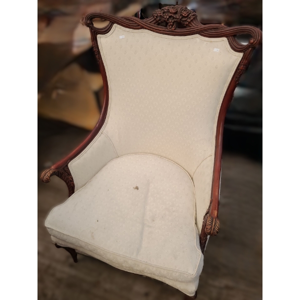 Upholstered Beige Chair w/ Carved Wood Detail 27 W, 26 D, 44 T 
