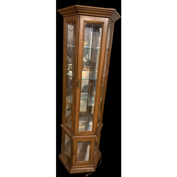 Corner Cabinet w/ Overhead Light (Glass Broken, see Damage in Pic) 26x17x63