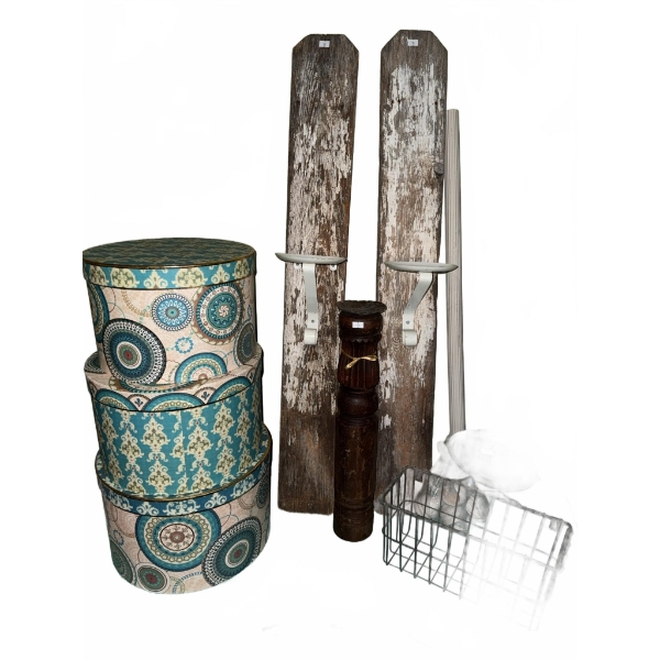 Decorative Lot: Patterned Boxes, Wooden Planks, Wire Basket, and Pillar