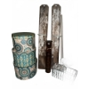 Image 1 : Decorative Lot: Patterned Boxes, Wooden Planks, Wire Basket, and Pillar